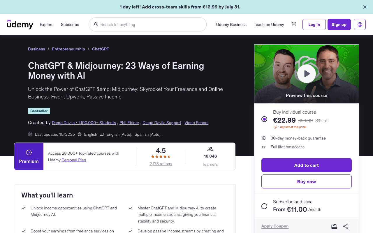 Screenshot of the ChatGPT & Midjourney: 23 Ways of Earning Money with AI page on udemy.com