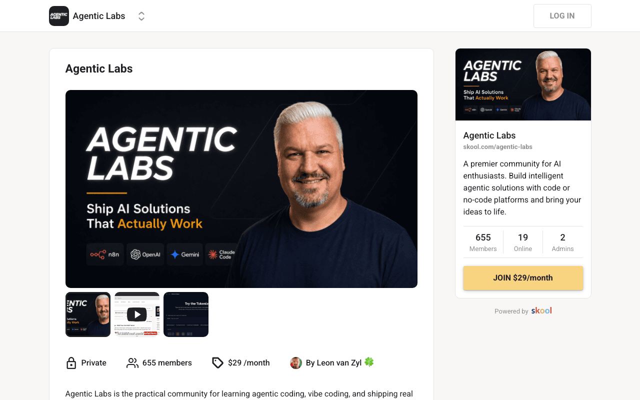 Screenshot of the Agentic Labs page on skool.com