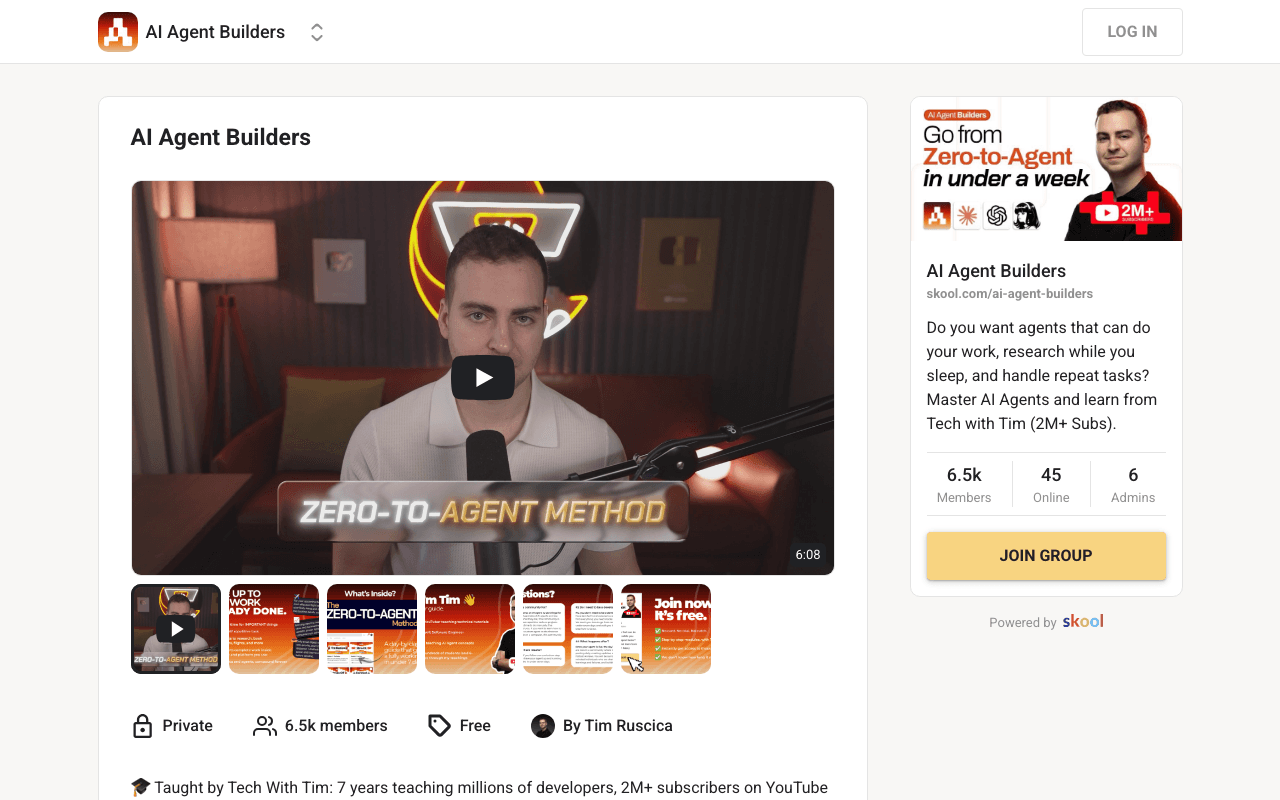 Screenshot of the AI Agent Builders page on skool.com