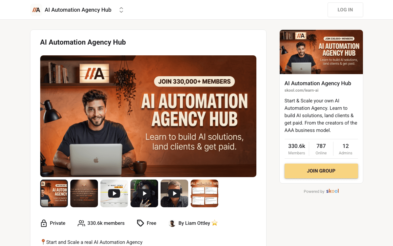 Screenshot of the AI Automation Agency Hub page on skool.com
