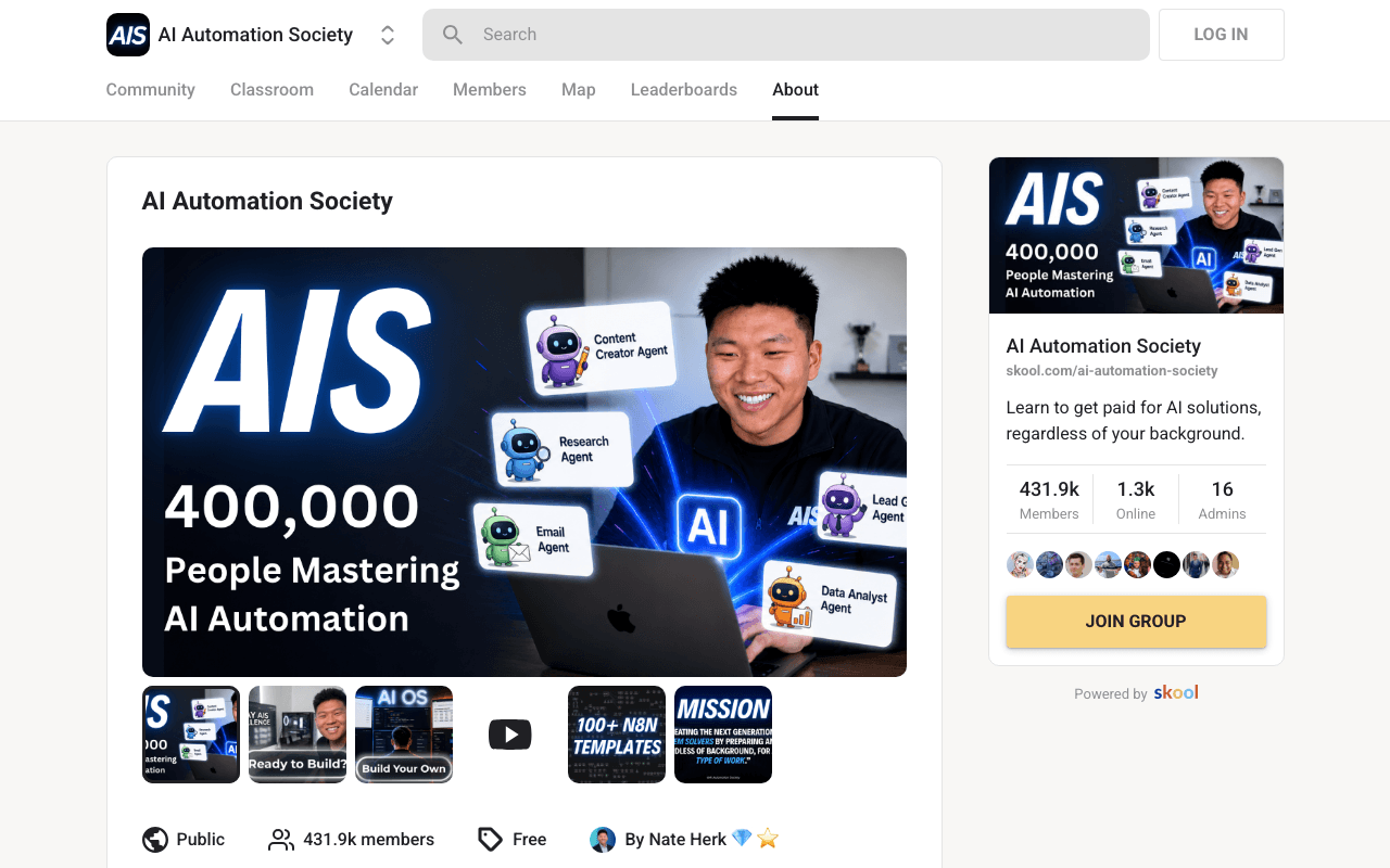 Screenshot of the AI Automation Society page on skool.com