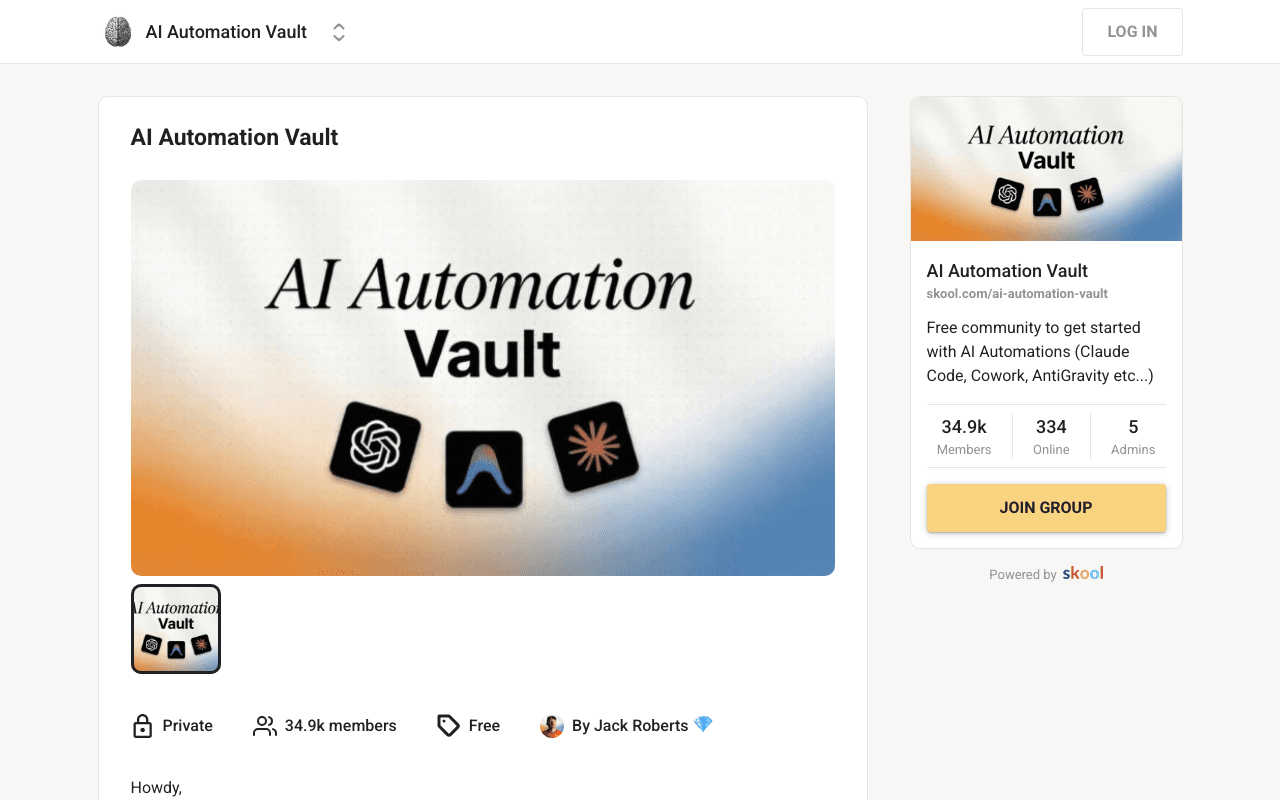 Screenshot of the AI Automation Vault page on skool.com
