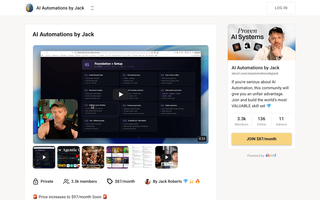 Screenshot of the AI Automations by Jack page on skool.com