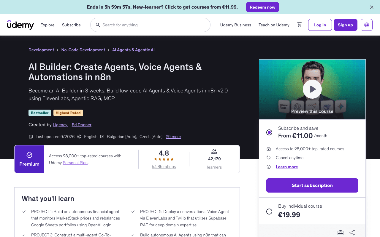 Screenshot of the AI Builder: Create Agents, Voice Agents & Automations in n8n page on udemy.com