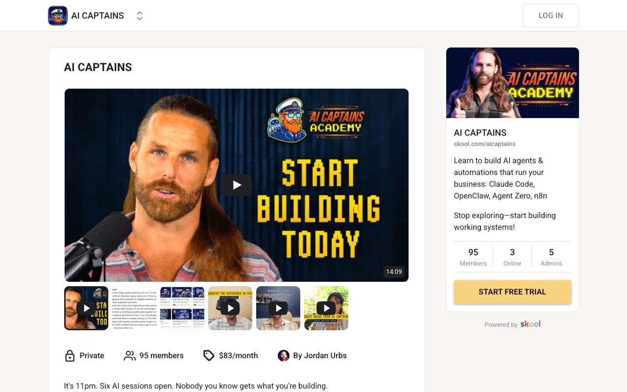 Screenshot of the AI Captains Academy page on skool.com