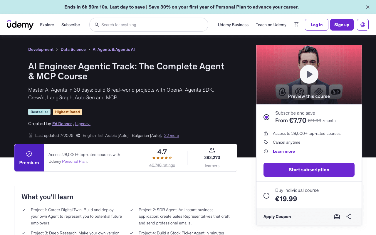 Screenshot of the AI Engineer Agentic Track: The Complete Agent & MCP Course page on udemy.com
