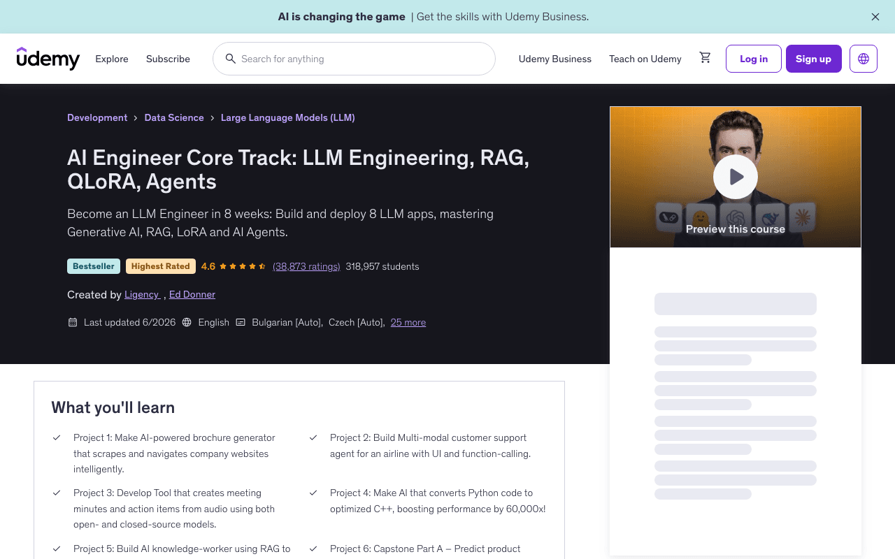 Screenshot of the AI Engineer Core Track: LLM Engineering, RAG, QLoRA, Agents page on udemy.com