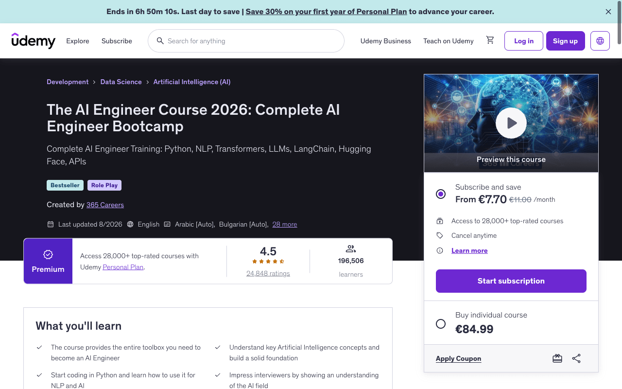 Screenshot of the The AI Engineer Course 2026: Complete AI Engineer Bootcamp page on udemy.com