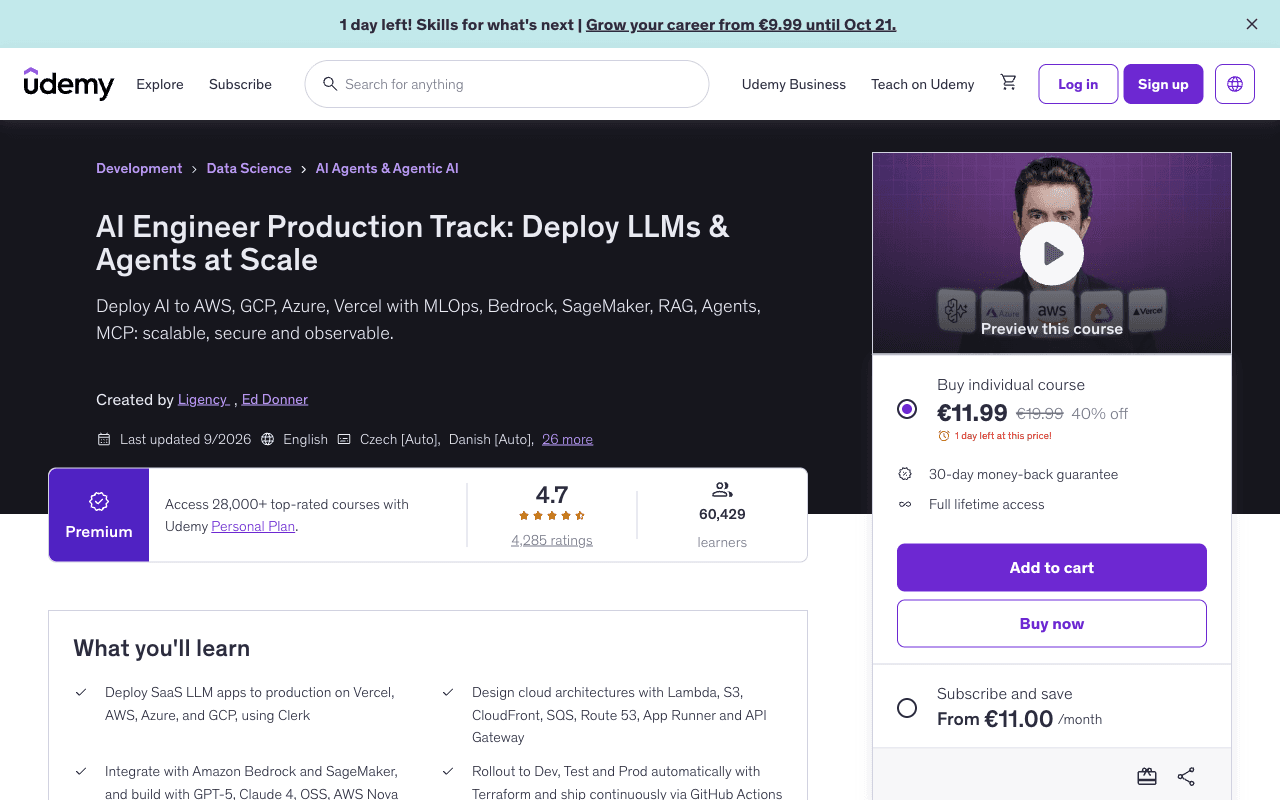 Screenshot of the AI Engineer Production Track: Deploy LLMs & Agents at Scale page on udemy.com