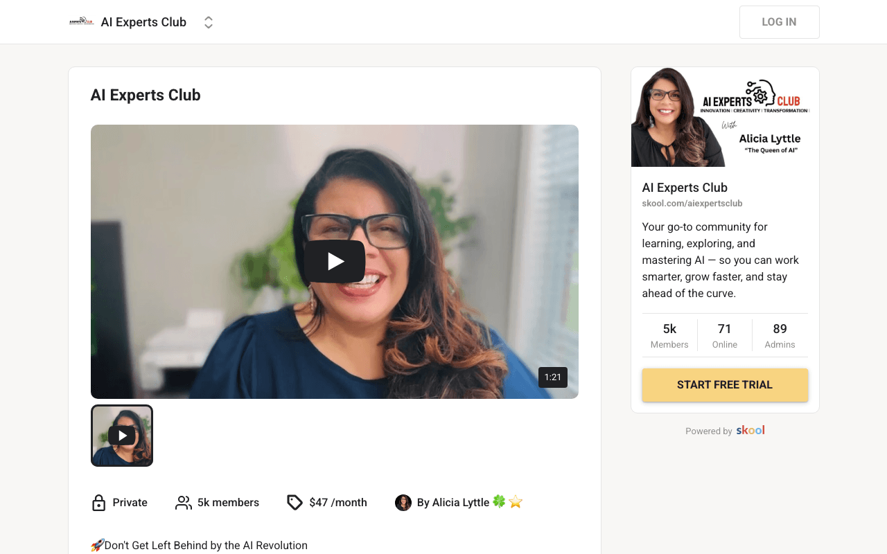Screenshot of the AI Experts Club page on skool.com