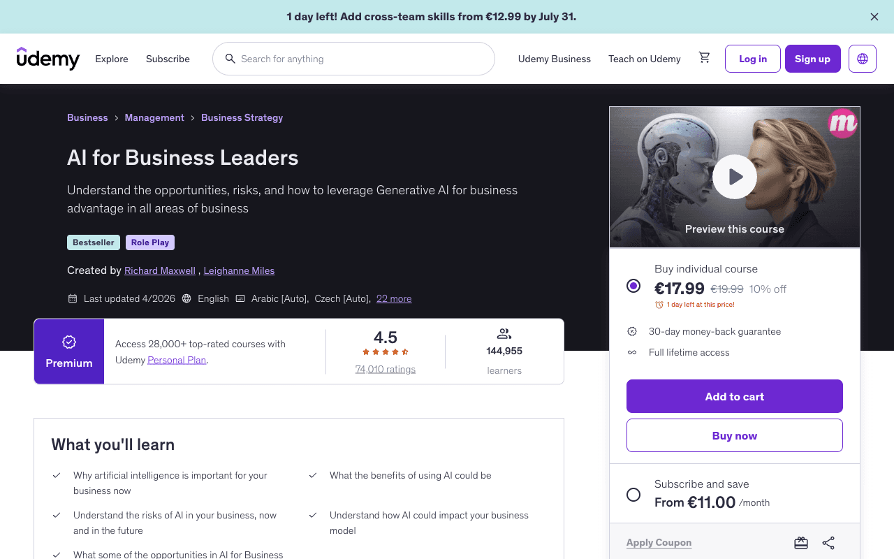 Screenshot of the AI for Business Leaders page on udemy.com