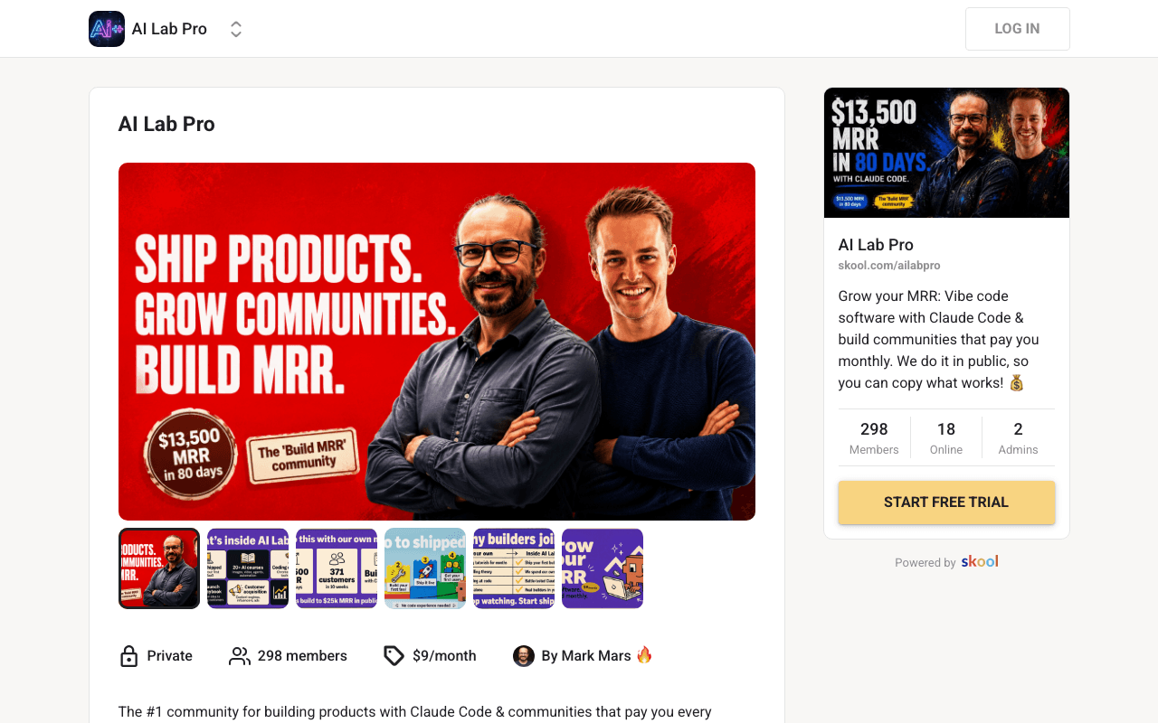 Screenshot of the AI Lab Pro page on skool.com
