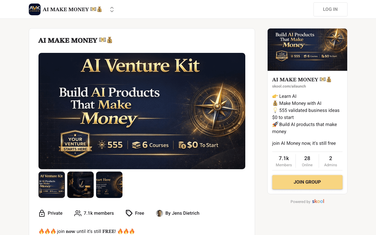Screenshot of the AI Make Money (AI Launch Kit) page on skool.com
