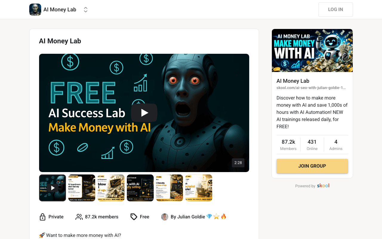 Screenshot of the AI Money Lab page on skool.com