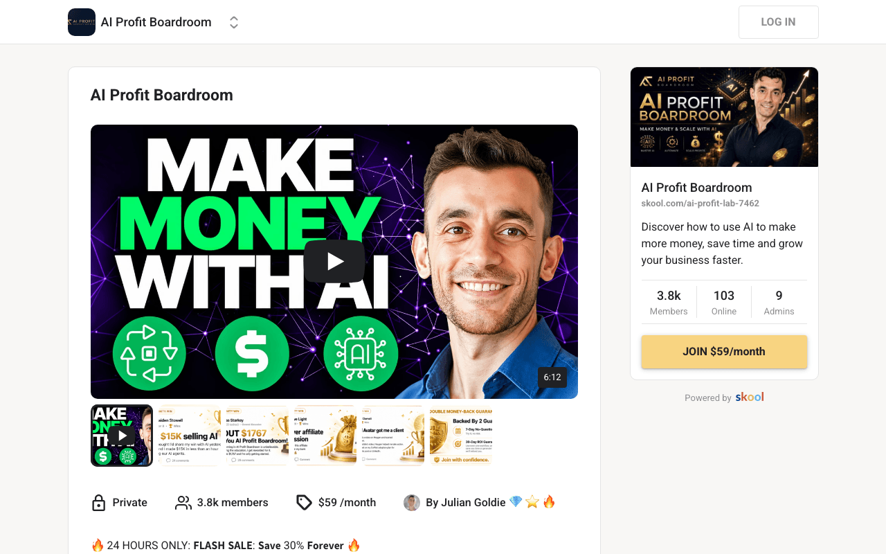 Screenshot of the AI Profit Boardroom page on skool.com