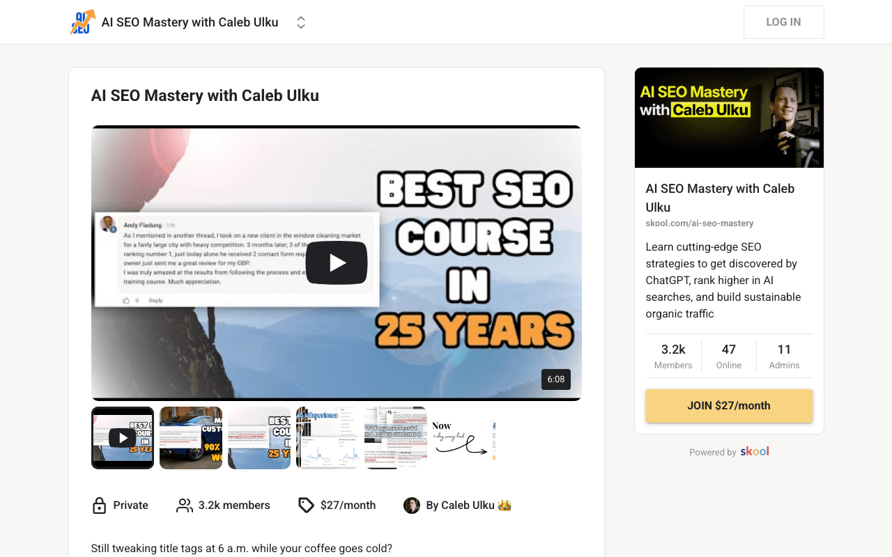 Screenshot of the AI SEO Mastery page on skool.com
