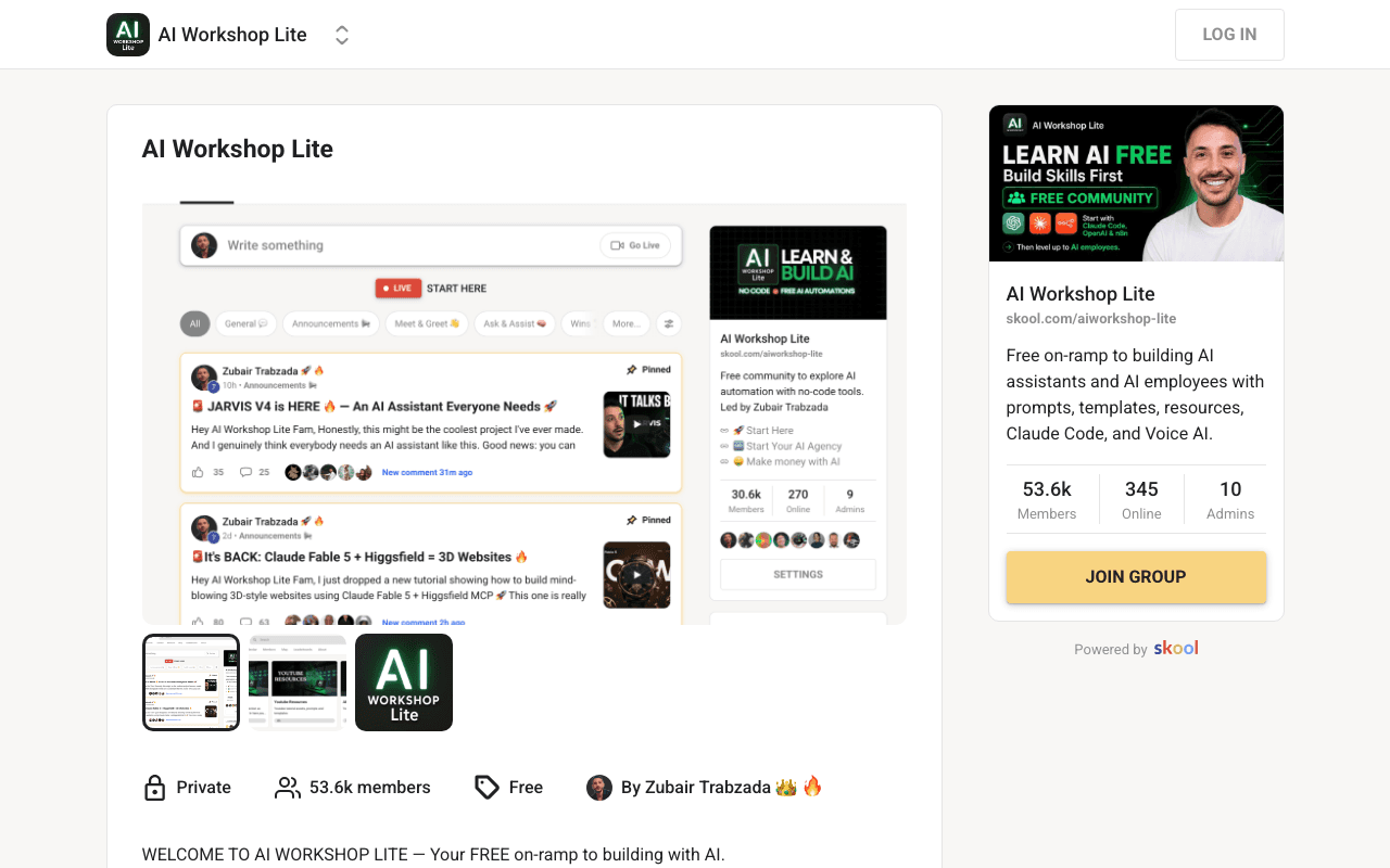 Screenshot of the AI Workshop Lite page on skool.com