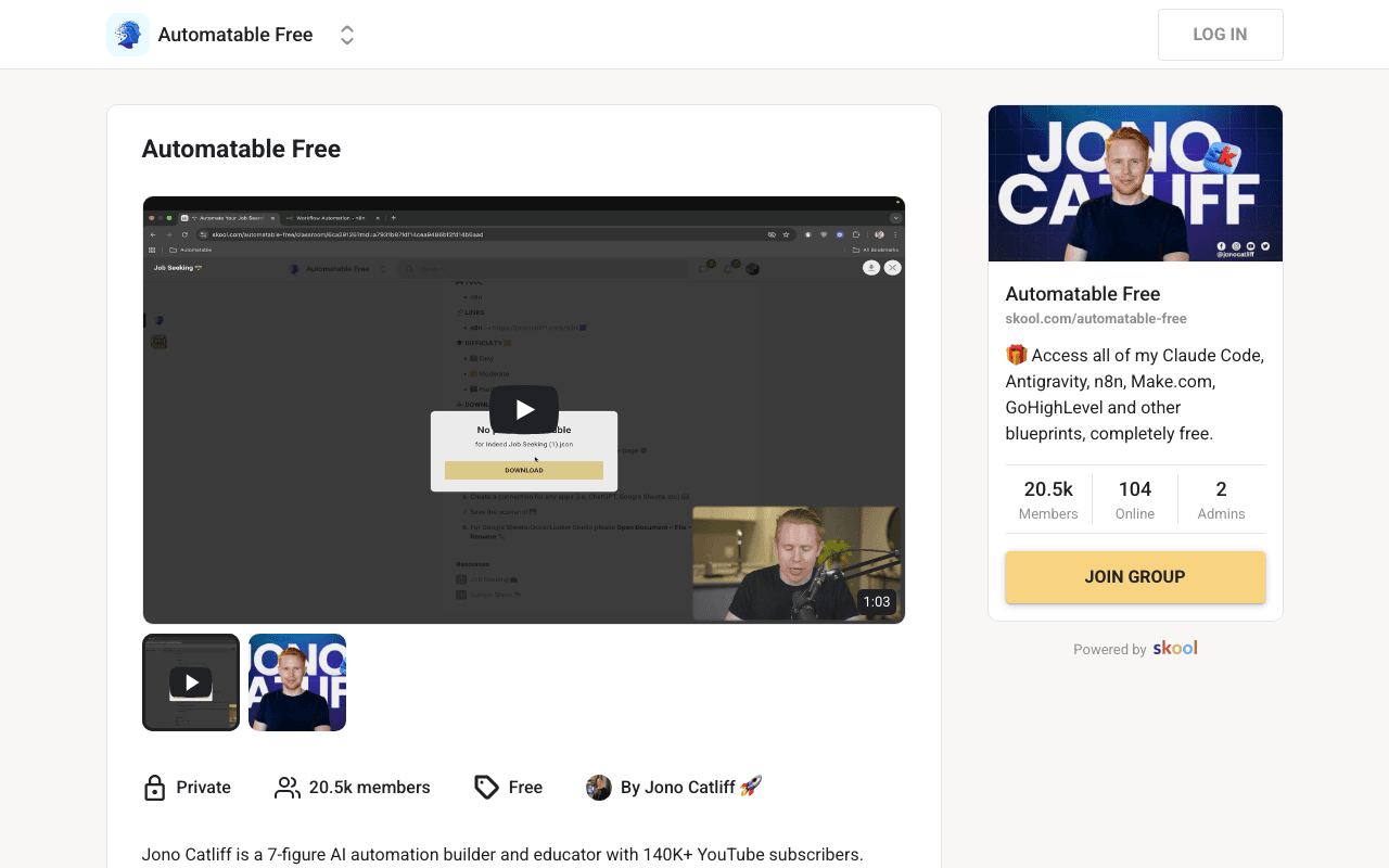 Screenshot of the Automatable Free page on skool.com