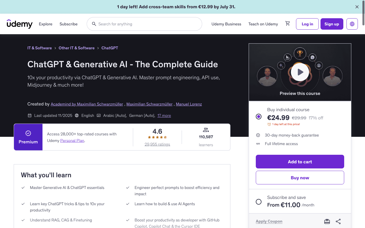 Screenshot of the ChatGPT & Generative AI – The Complete Guide page on udemy.com