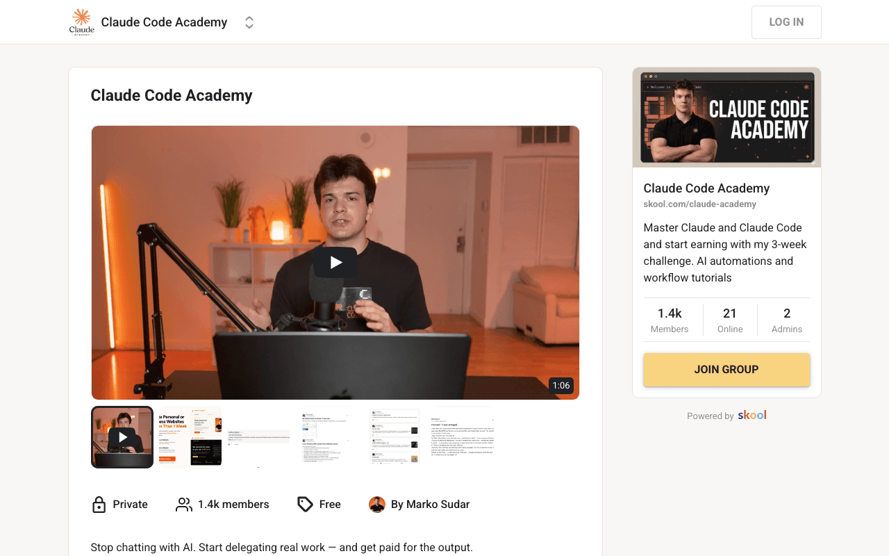 Screenshot of the Claude Code Academy page on skool.com