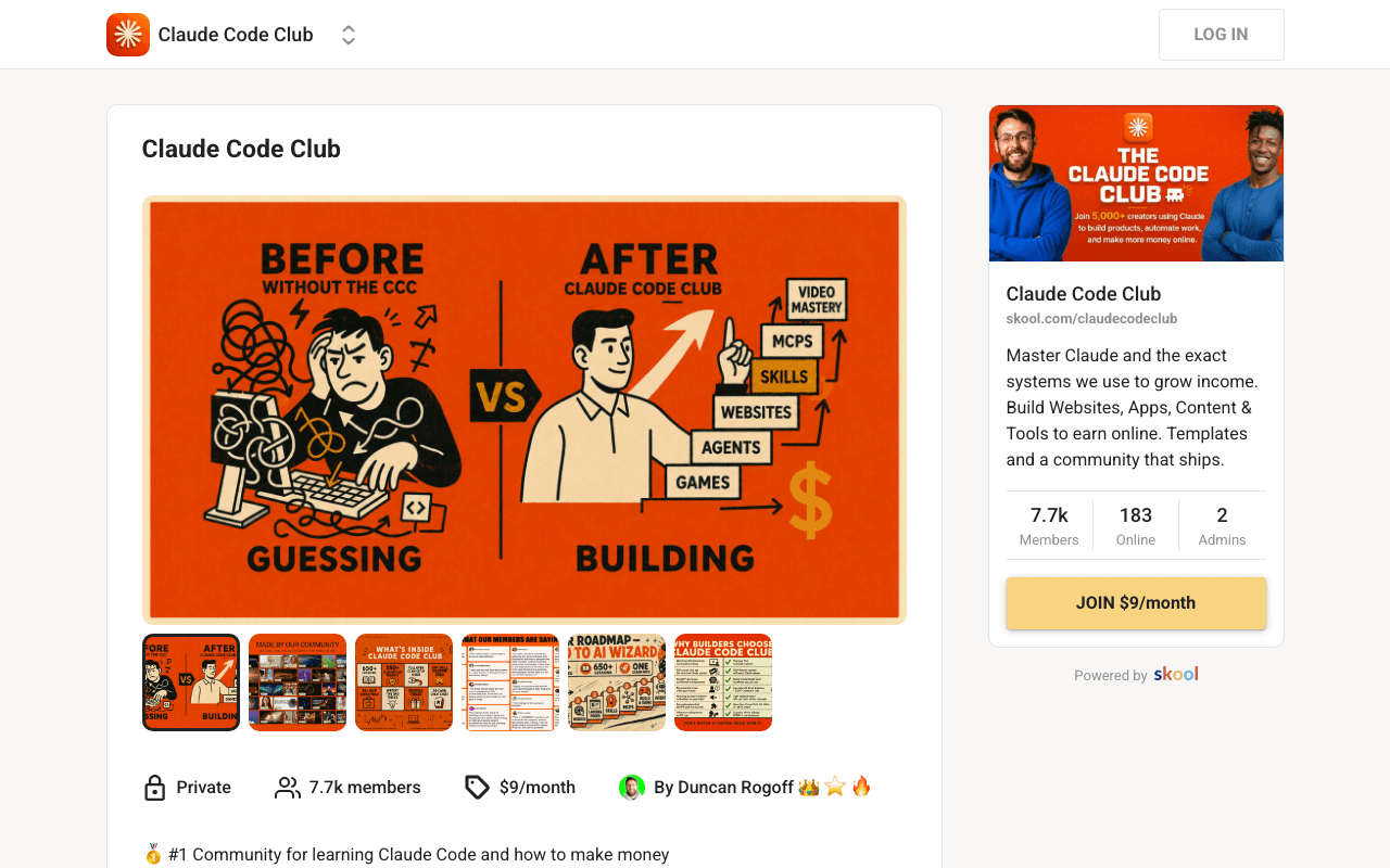 Screenshot of the Claude Code Club page on skool.com