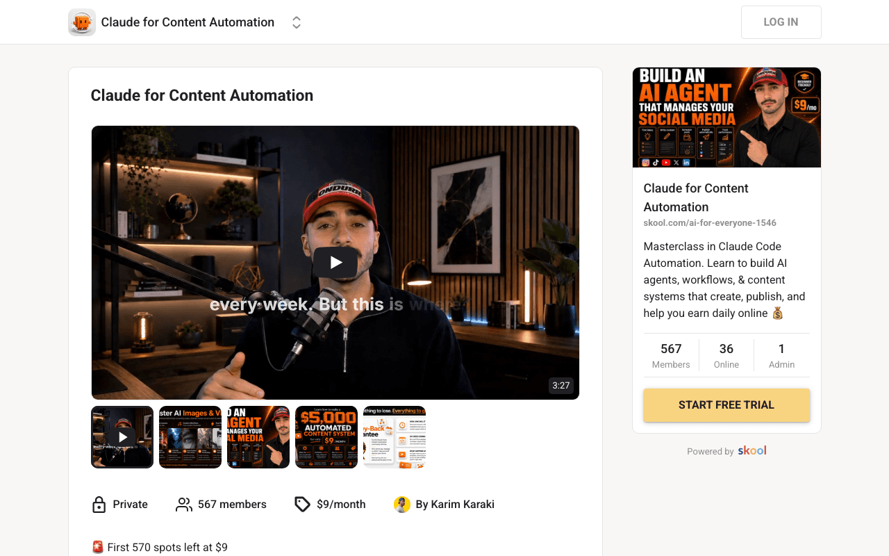 Screenshot of the Claude for Content Automation page on skool.com