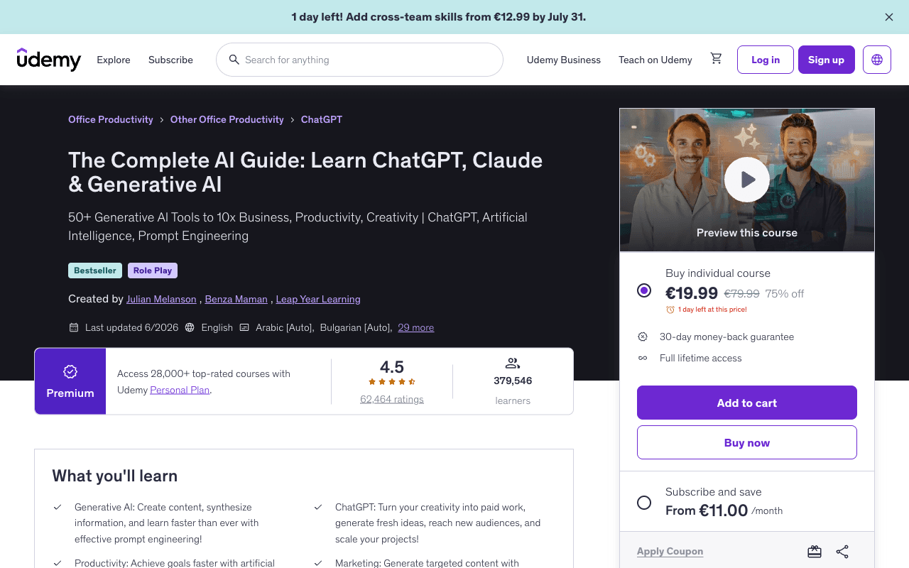 Screenshot of the The Complete AI Guide: Learn ChatGPT, Claude & Generative AI page on udemy.com