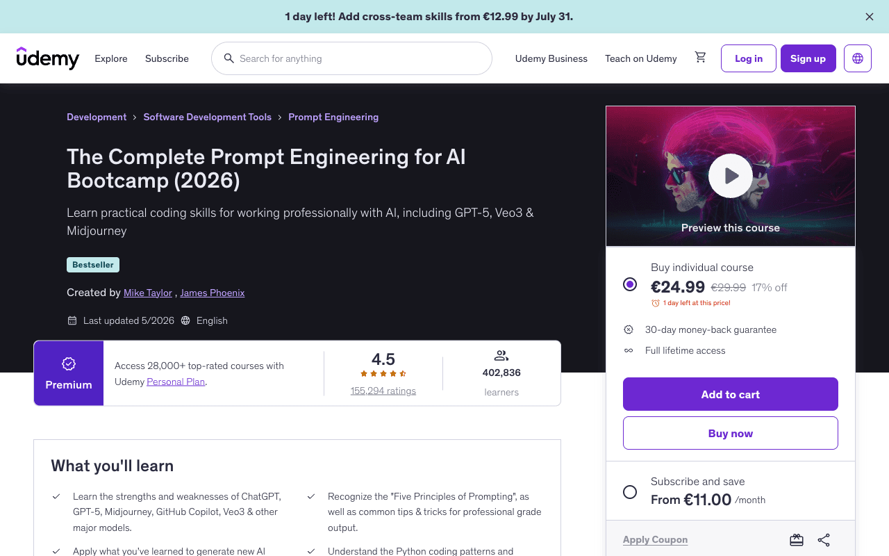 Screenshot of the The Complete Prompt Engineering for AI Bootcamp (2026) page on udemy.com