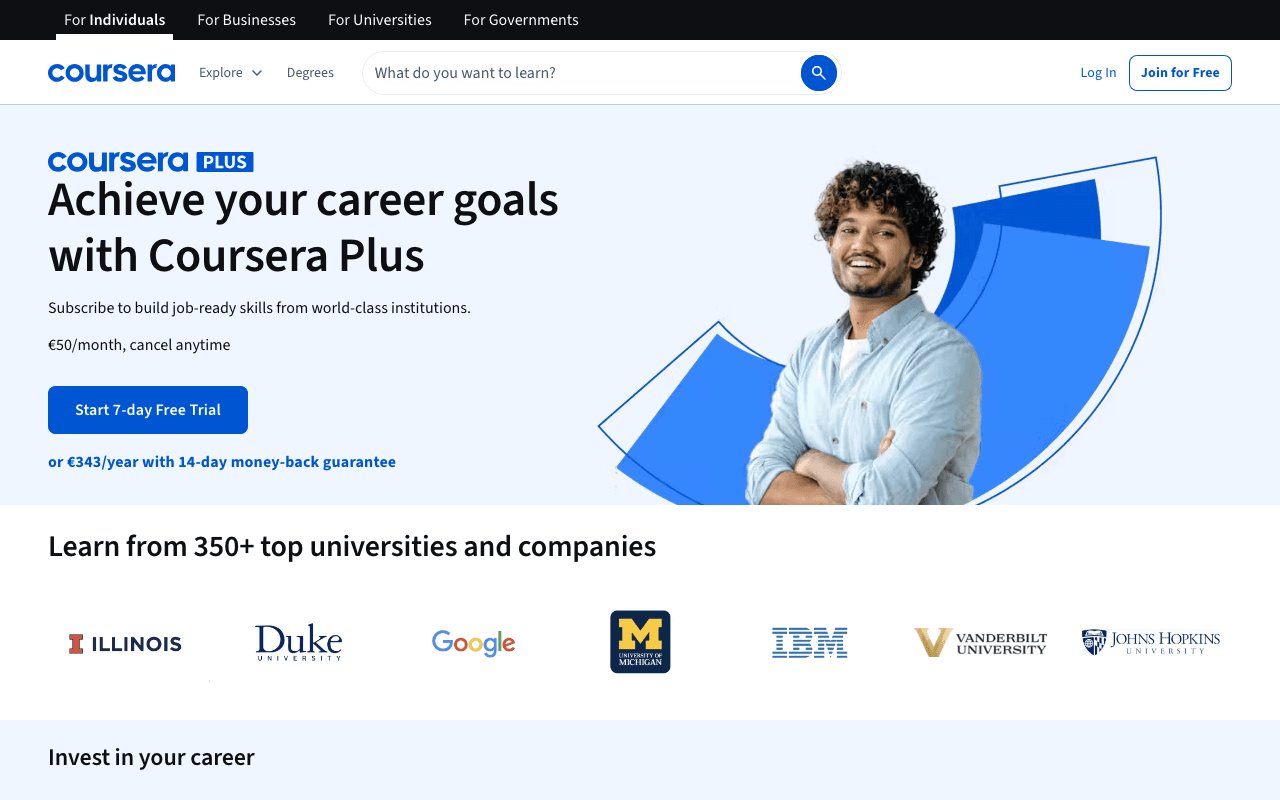 Screenshot of the Coursera (Coursera Plus) page on coursera.org