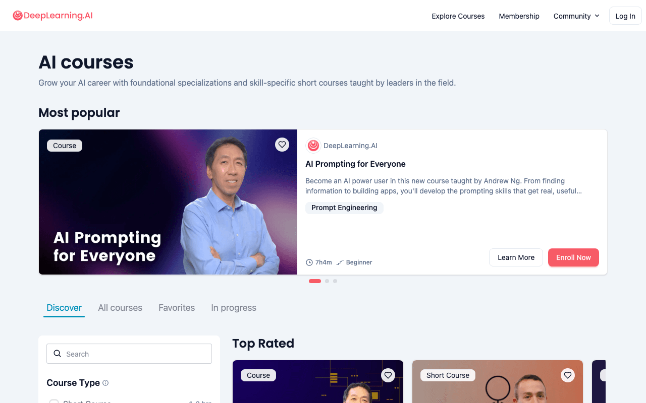 Screenshot of the DeepLearning.AI page on learn.deeplearning.ai