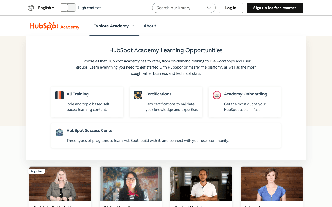 Screenshot of the HubSpot Academy page on academy.hubspot.com