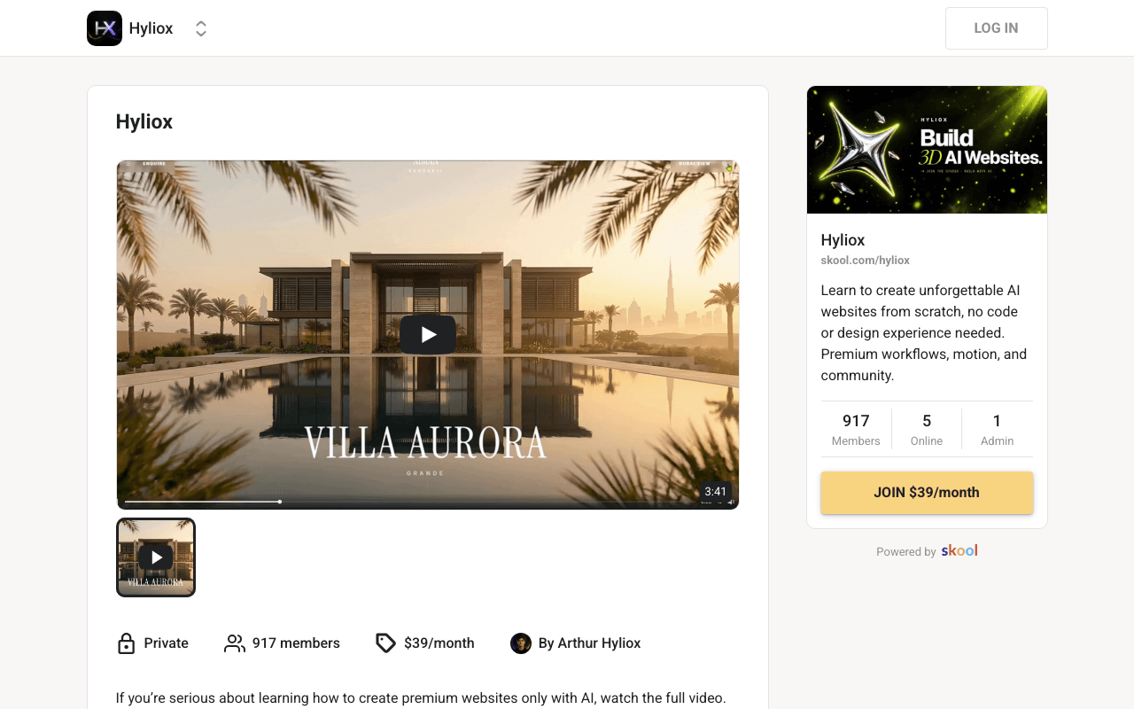 Screenshot of the Hyliox page on skool.com