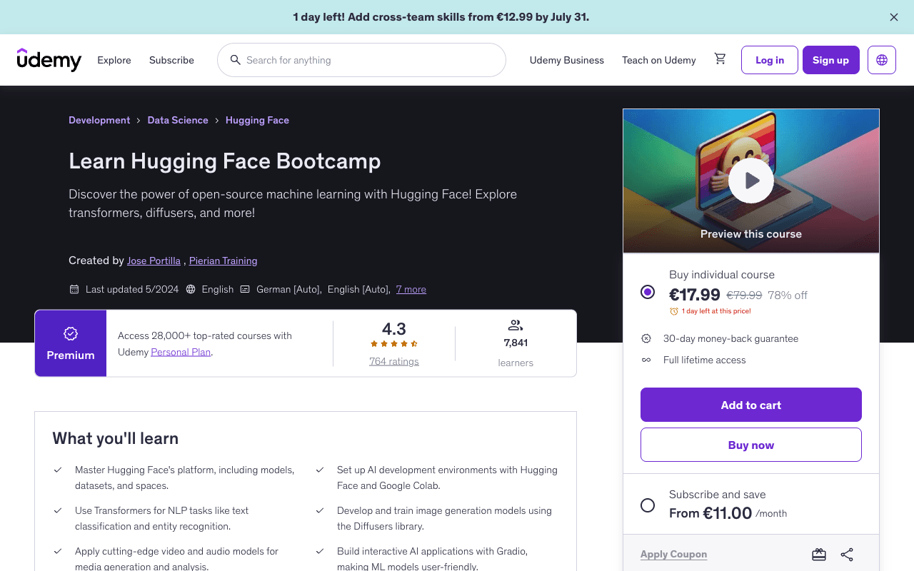 Screenshot of the Learn Hugging Face Bootcamp page on udemy.com