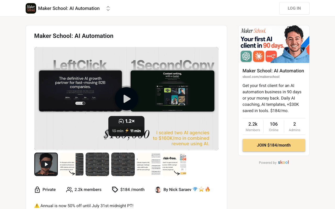 Screenshot of the Maker School: AI Automation page on skool.com