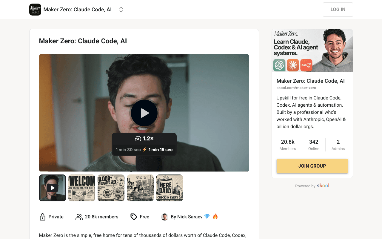 Screenshot of the Maker Zero page on skool.com
