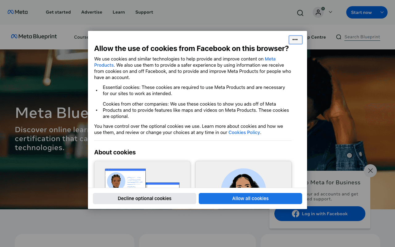 Screenshot of the Meta Blueprint page on facebook.com