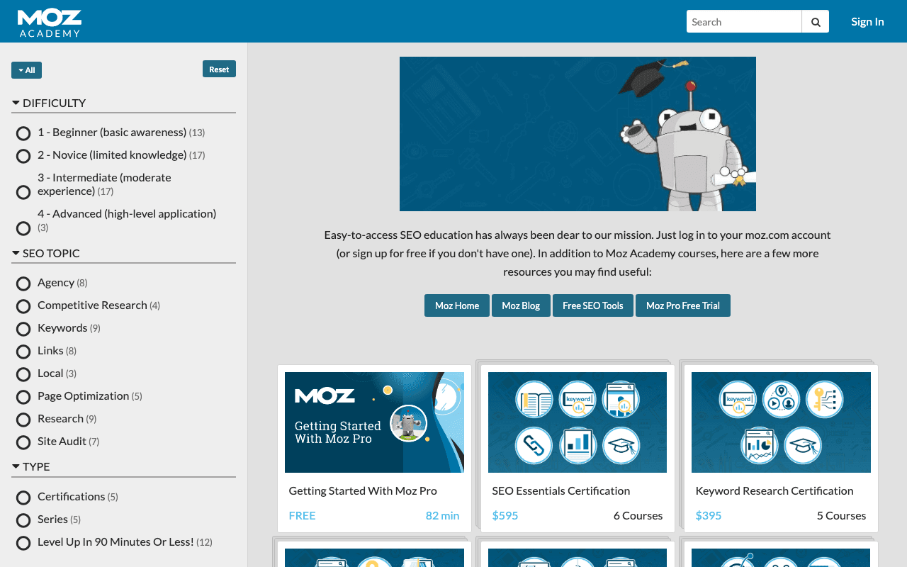 Screenshot of the Moz Academy page on academy.moz.com