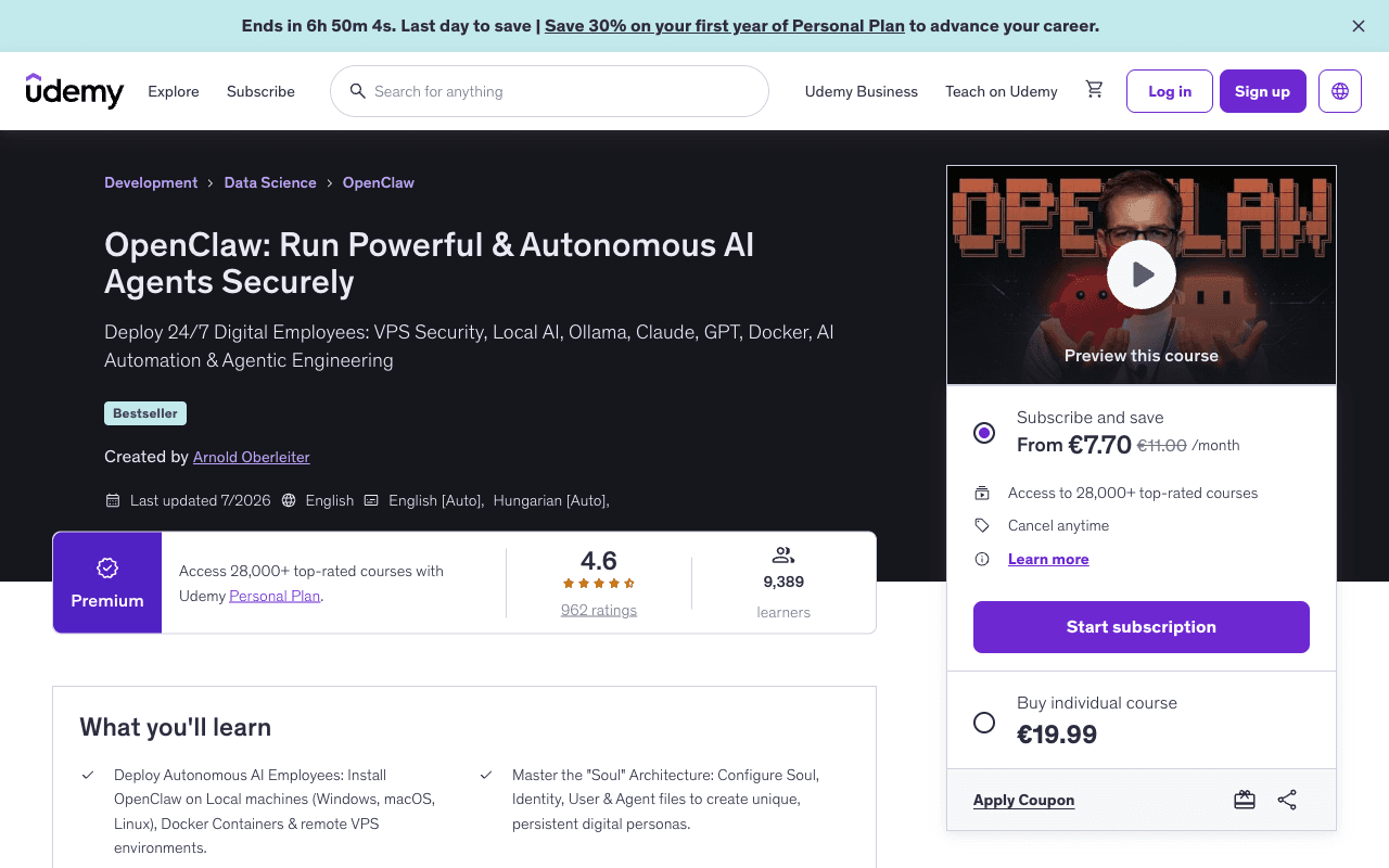 Screenshot of the OpenClaw: Run Powerful & Autonomous AI Agents Securely page on udemy.com