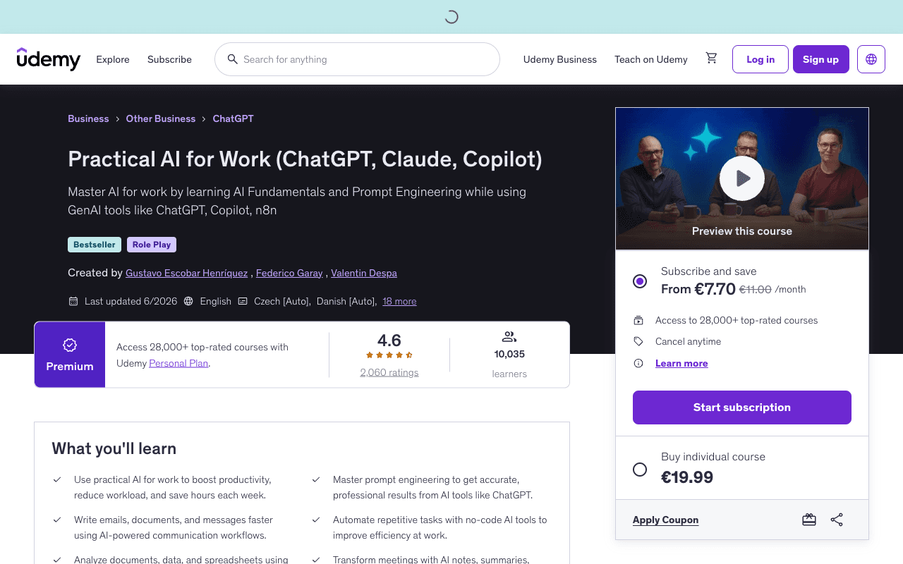 Screenshot of the Practical AI for Work (ChatGPT, Claude, Copilot) page on udemy.com