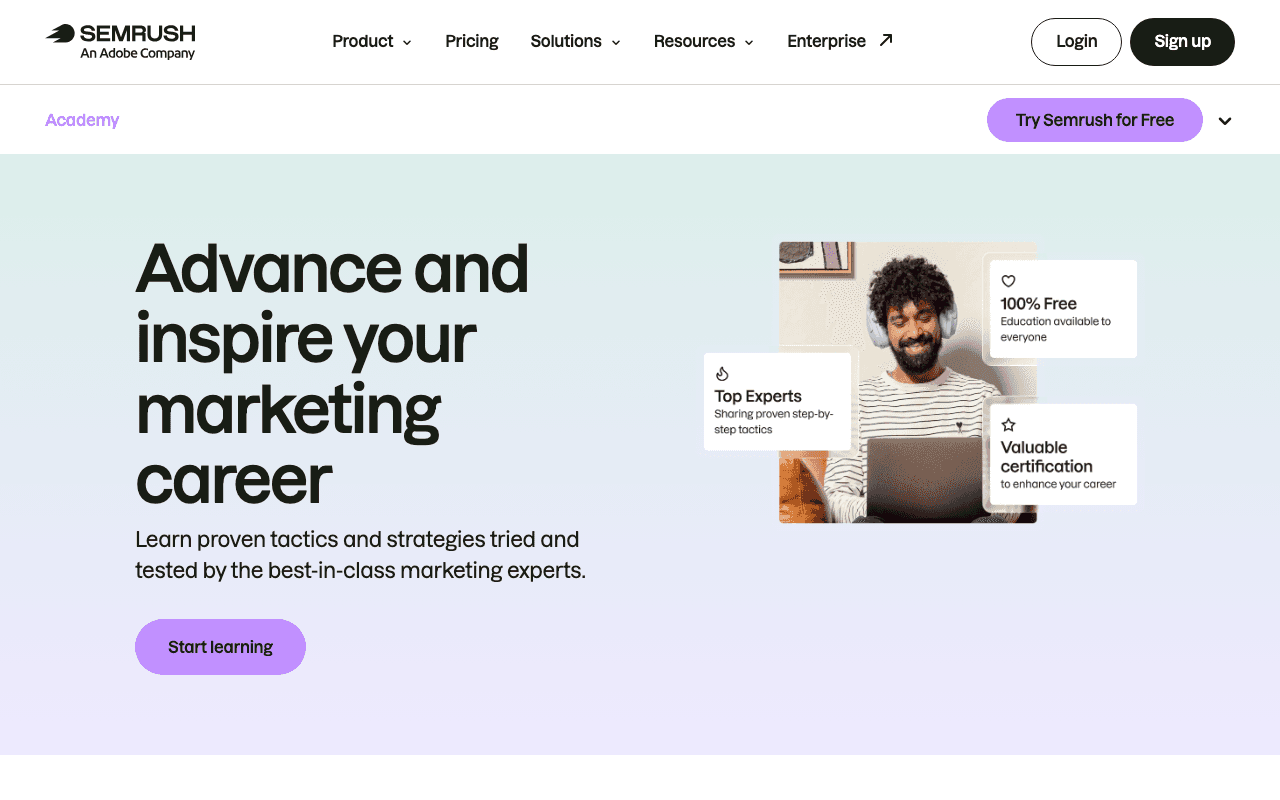 Screenshot of the Semrush Academy page on semrush.com