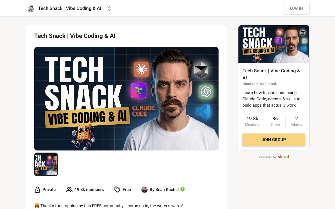 Screenshot of the Tech Snack page on skool.com