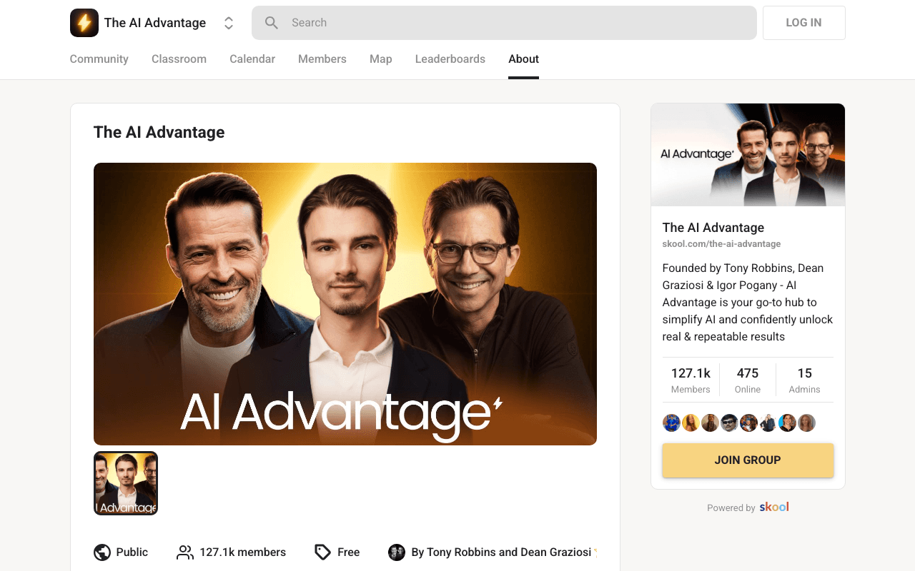 Screenshot of the The AI Advantage page on skool.com