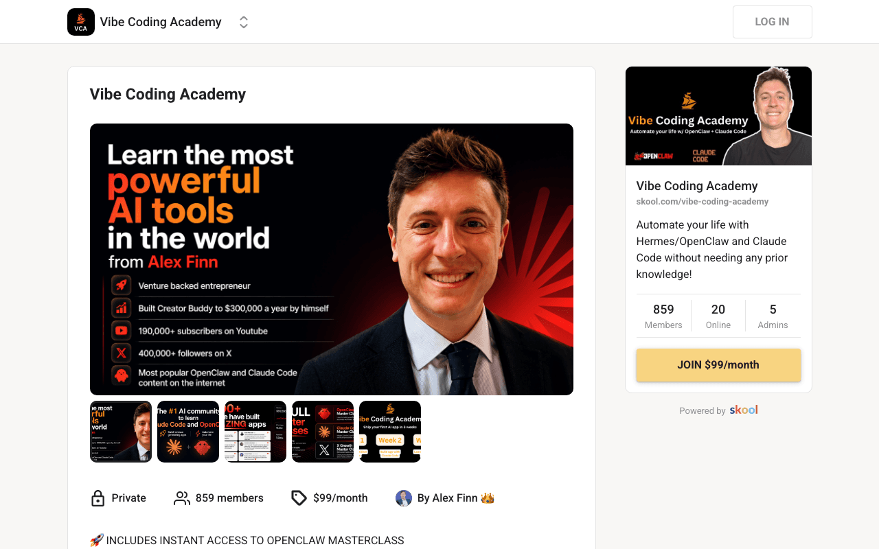Screenshot of the Vibe Coding Academy page on skool.com