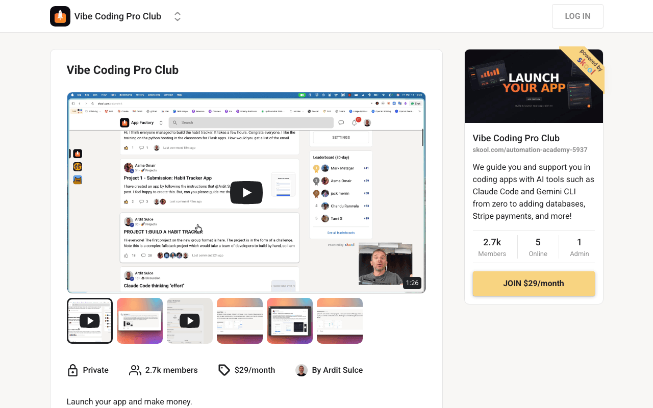 Screenshot of the Vibe Coding Pro Club page on skool.com