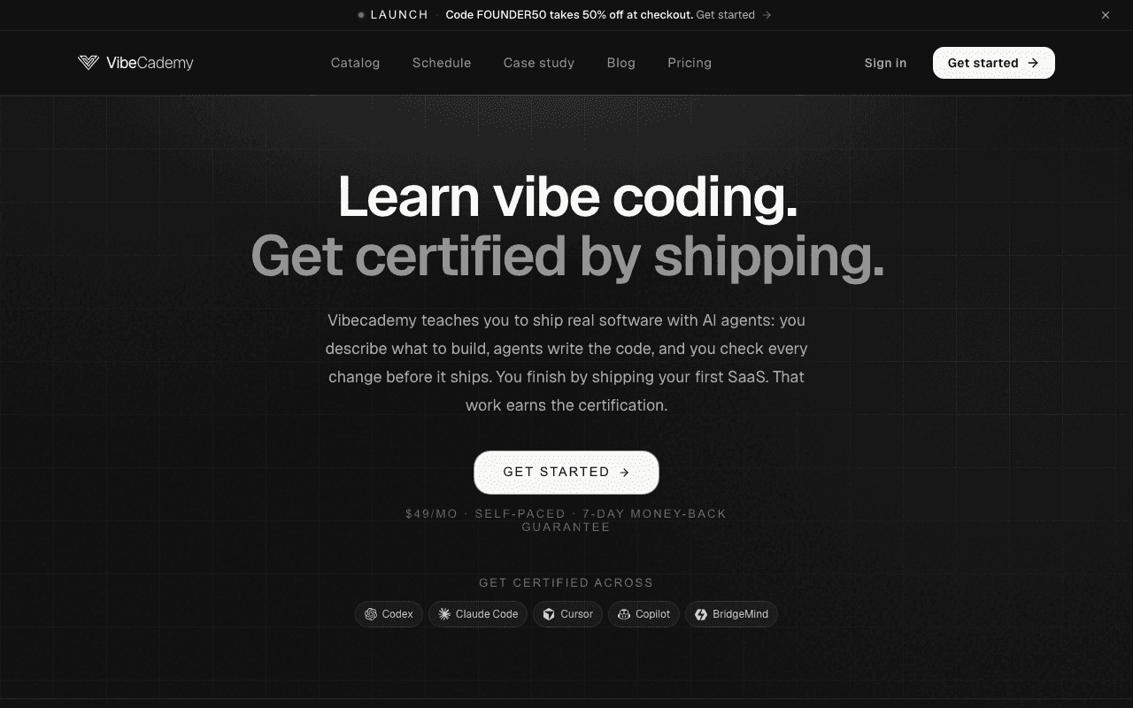 Screenshot of the Vibecademy page on vibecademy.ai