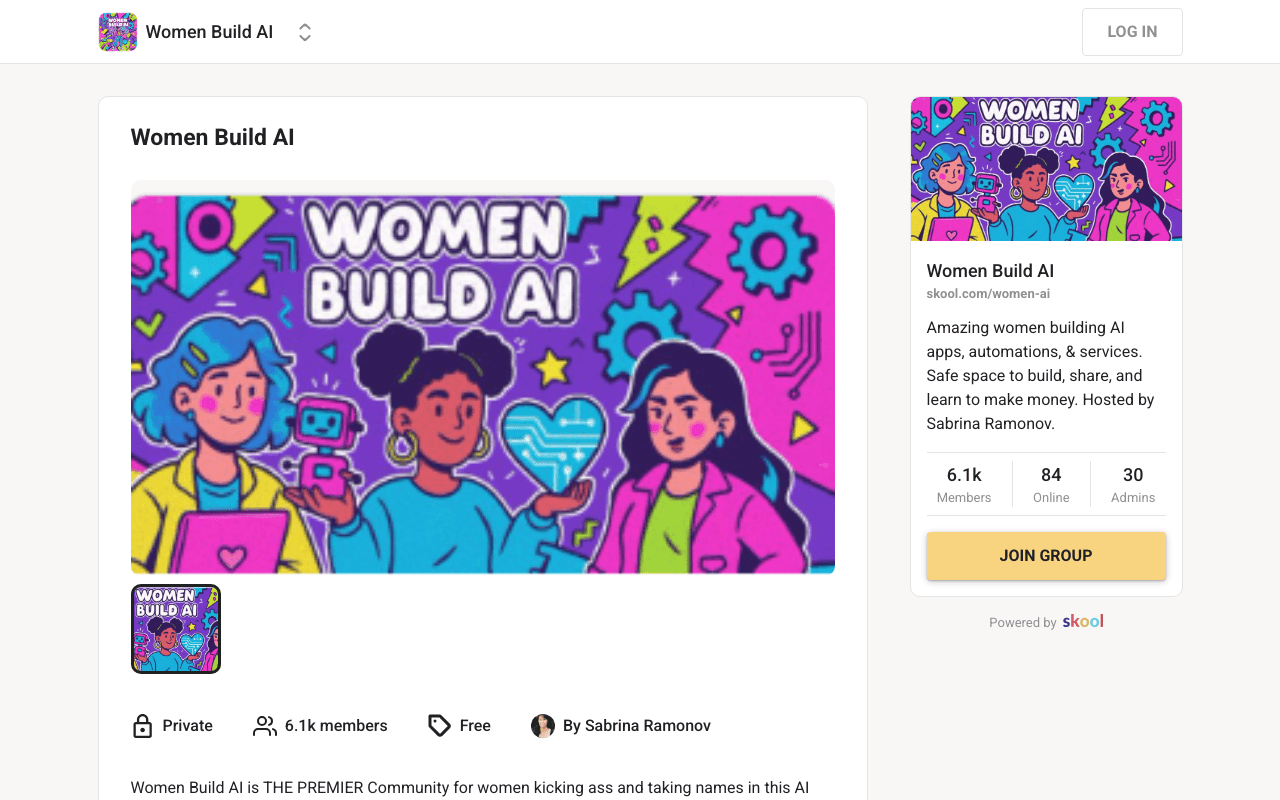 Screenshot of the Women Build AI page on skool.com