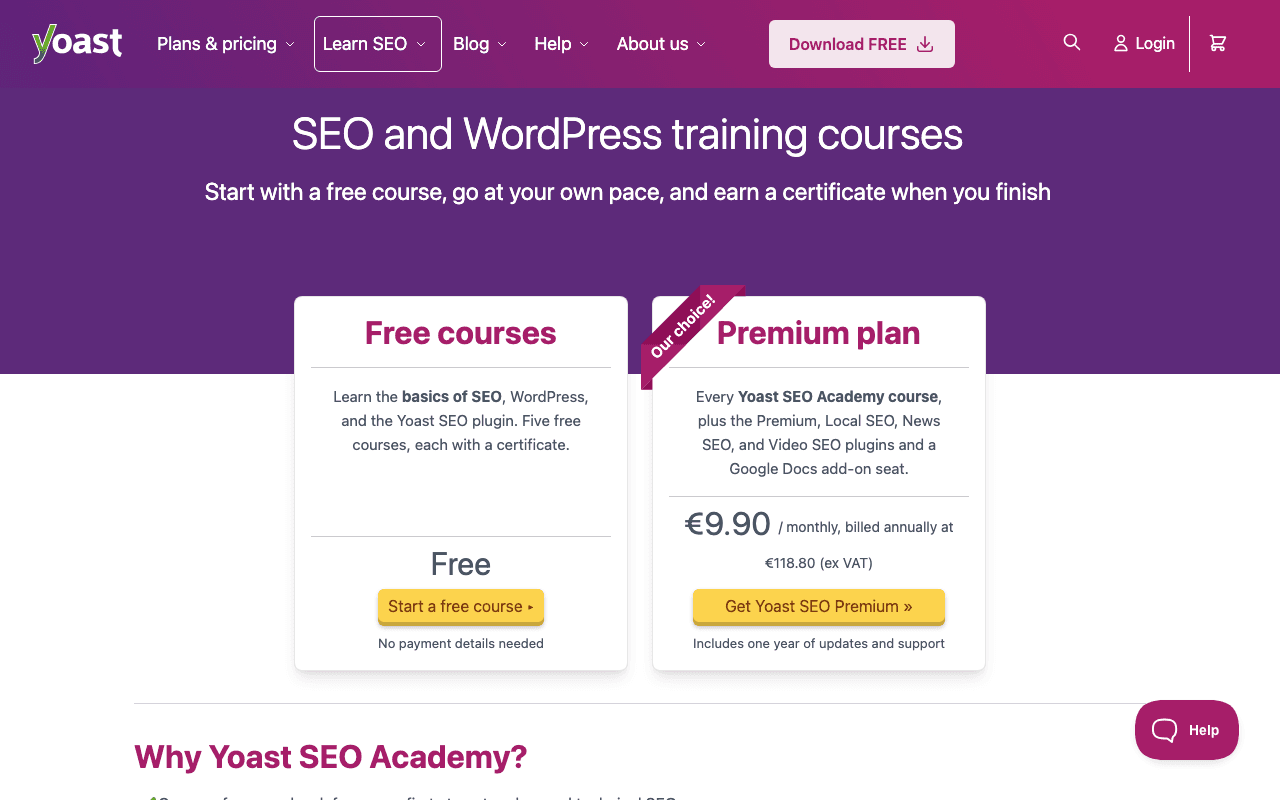 Screenshot of the Yoast SEO Academy page on yoast.com