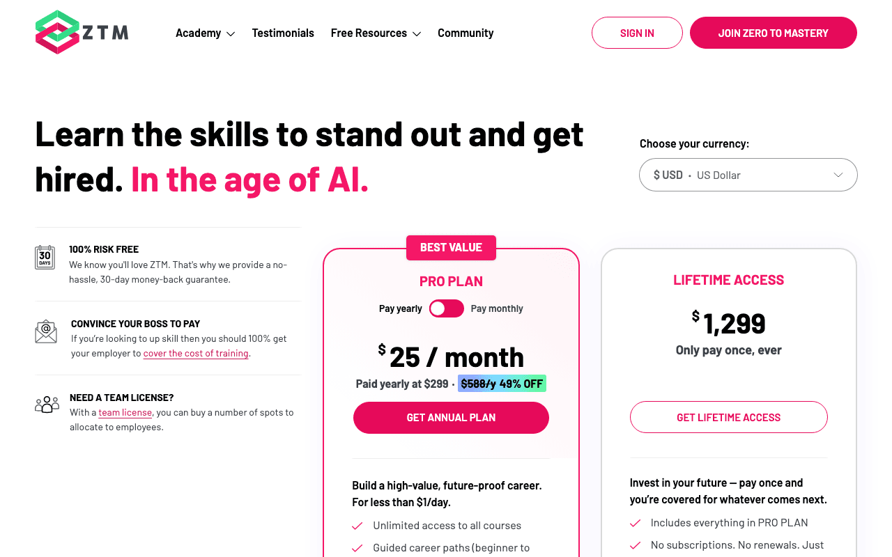 Screenshot of the Zero To Mastery page on zerotomastery.io