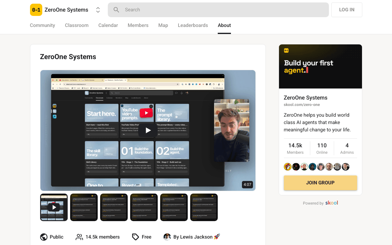 Screenshot of the ZeroOne Systems page on skool.com